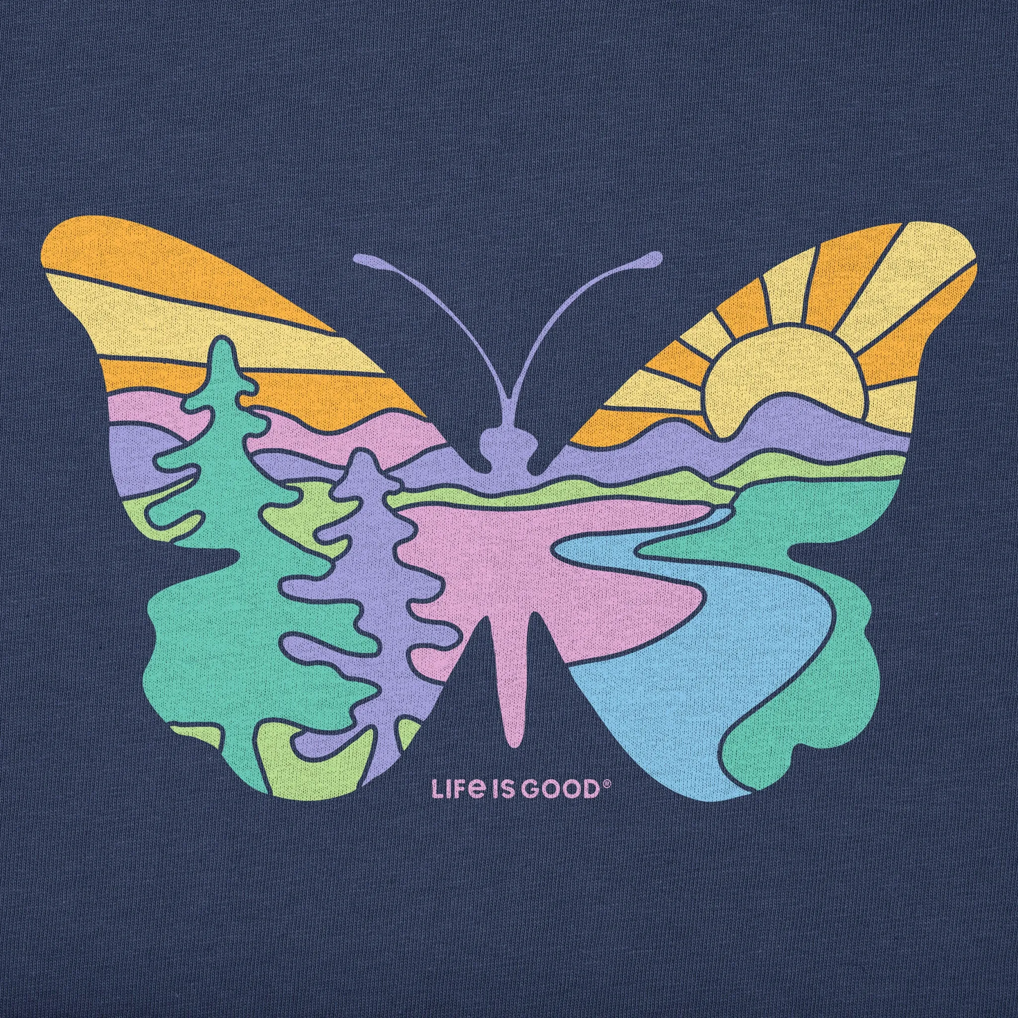 Women's Butterfly Sunset Short Sleeve Vee Life is Good