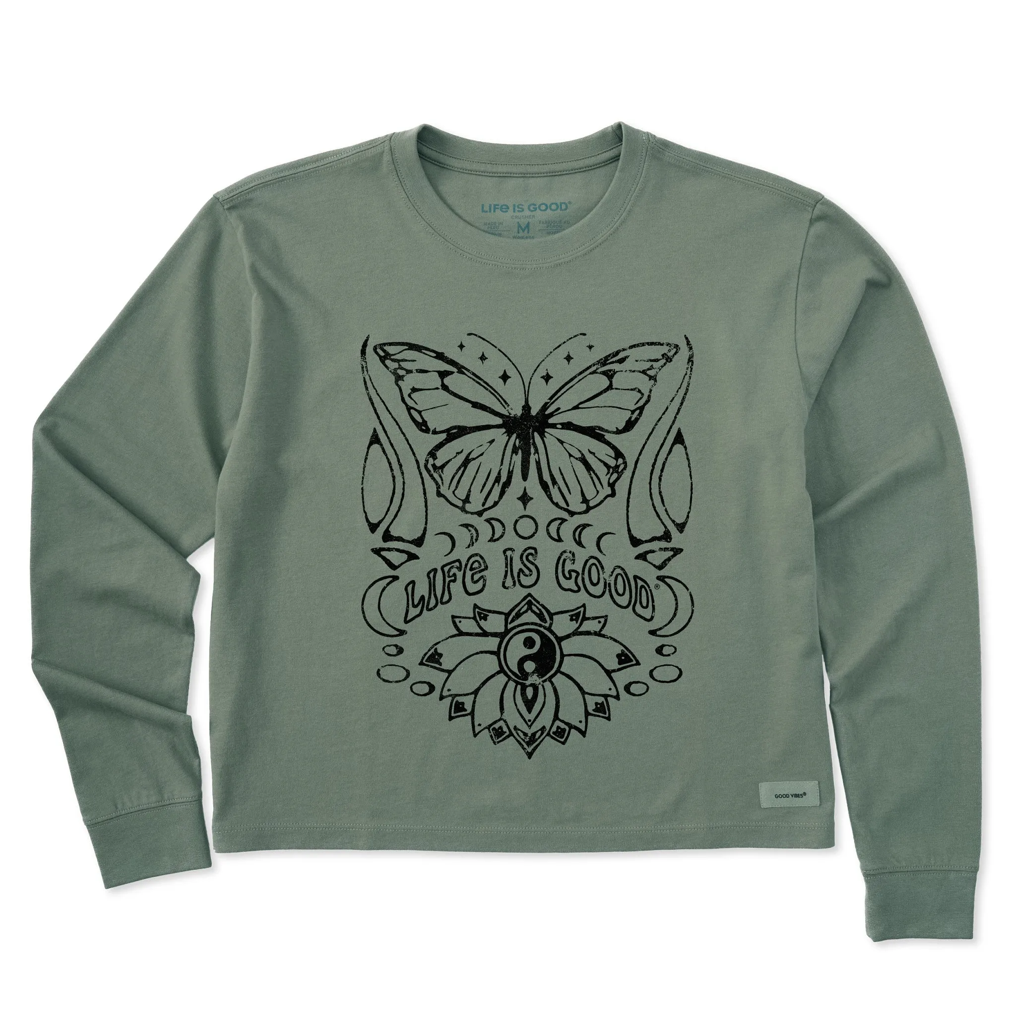 Women's Butterfly Yin Yang Long Sleeve Crusher Boxy Tee Life is Good