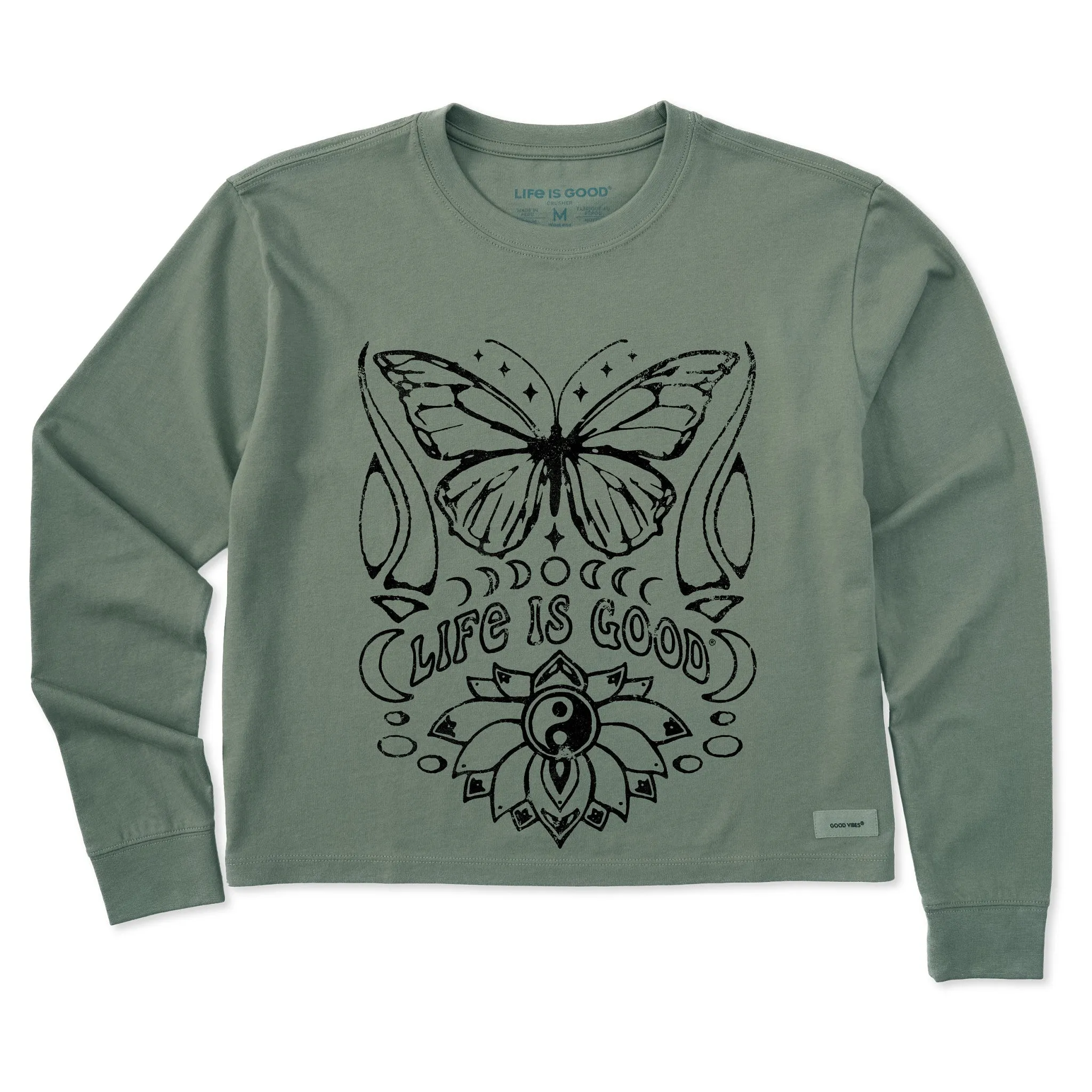 Women's Butterfly Yin Yang Long Sleeve Crusher Boxy Tee Life is Good