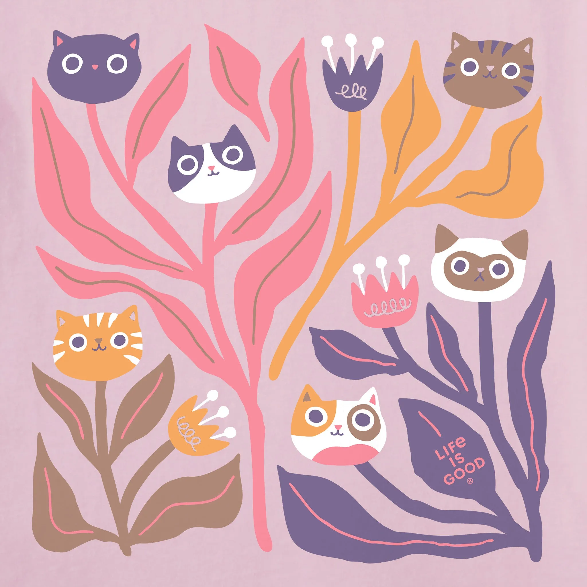 Women's Cat Flowers Short Sleeve Tee Life is Good