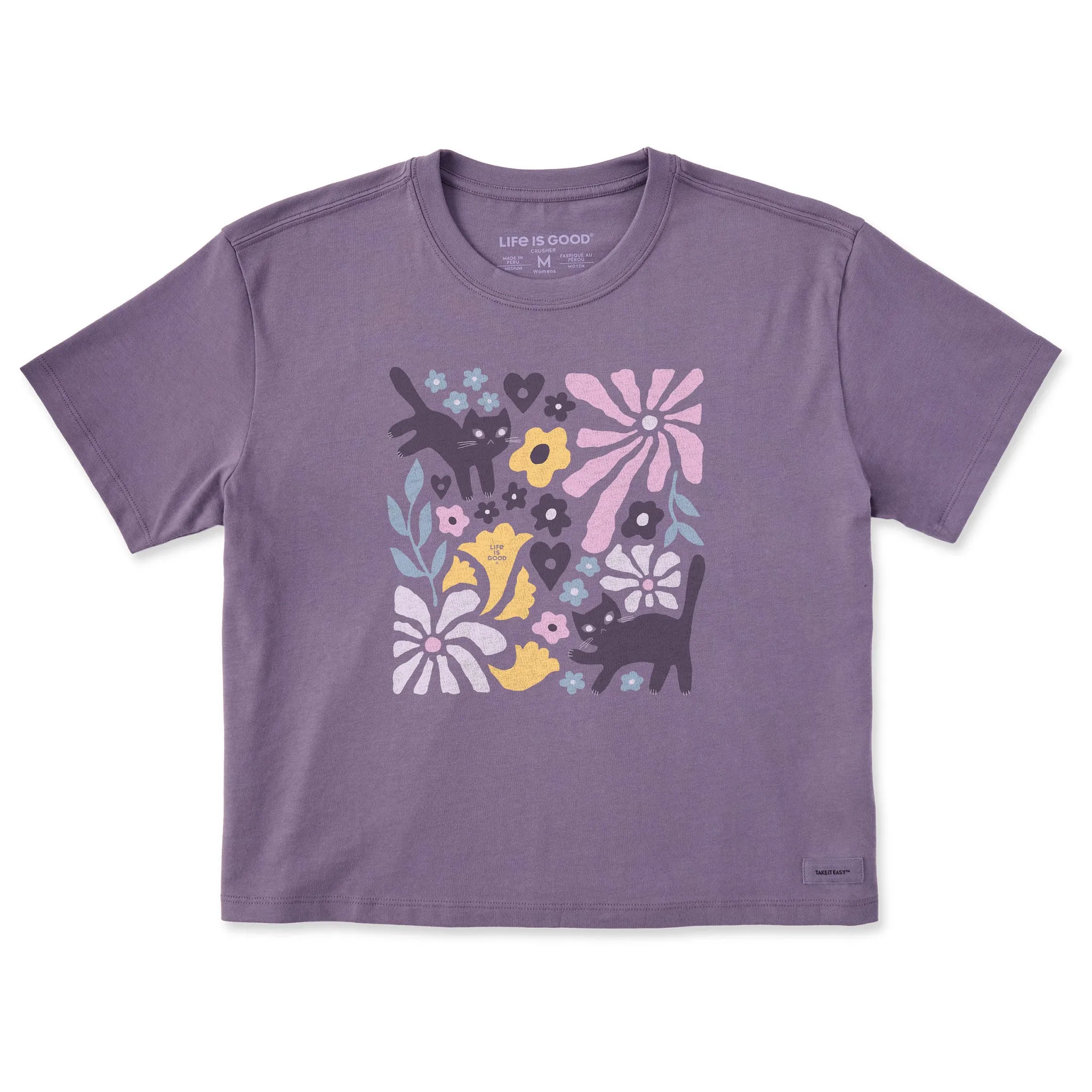Women's Cats in Flower Field Short Sleeve Crusher Boxy Tee Life is Good