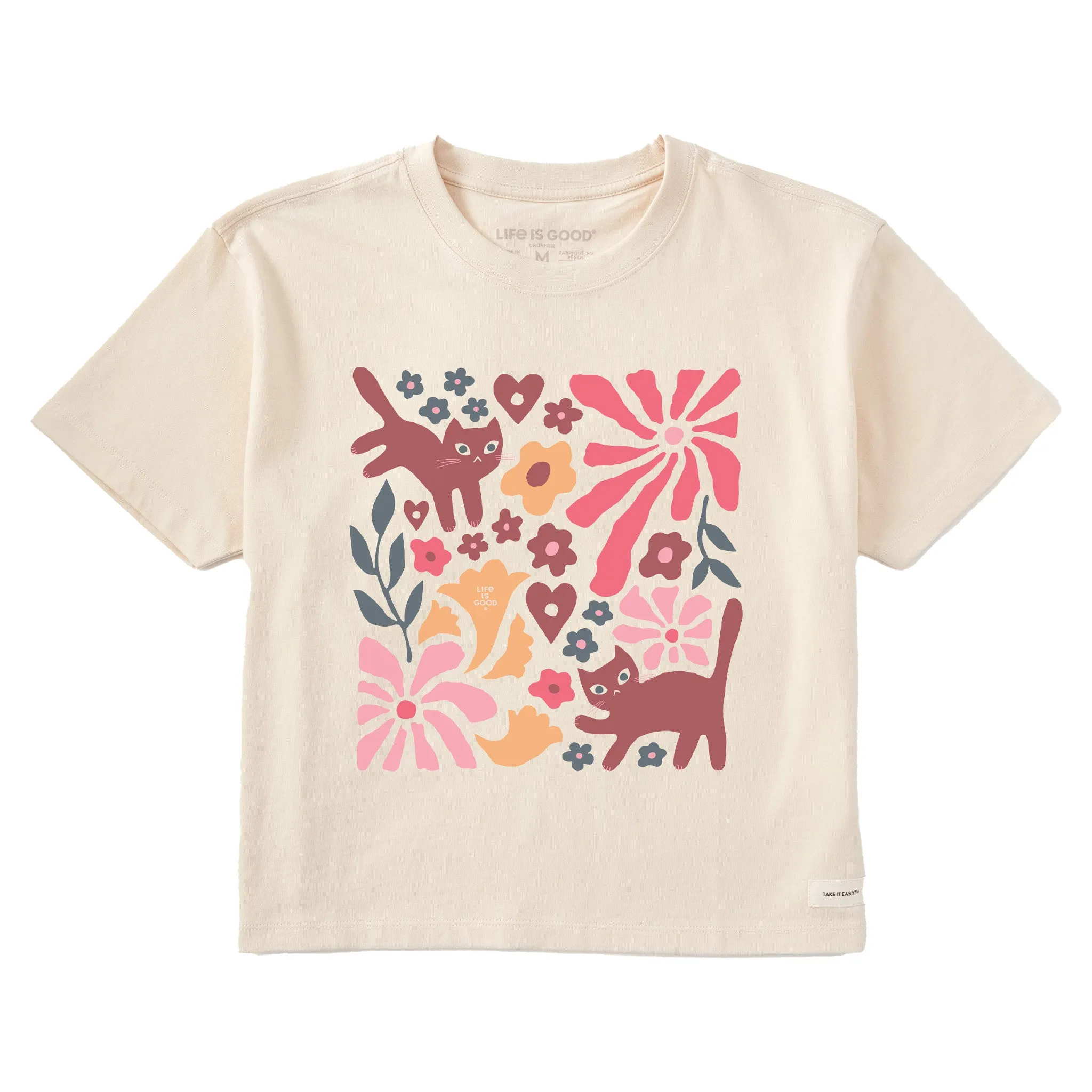Women's Cats in Flower Field Short Sleeve Crusher Boxy Tee Life is Good