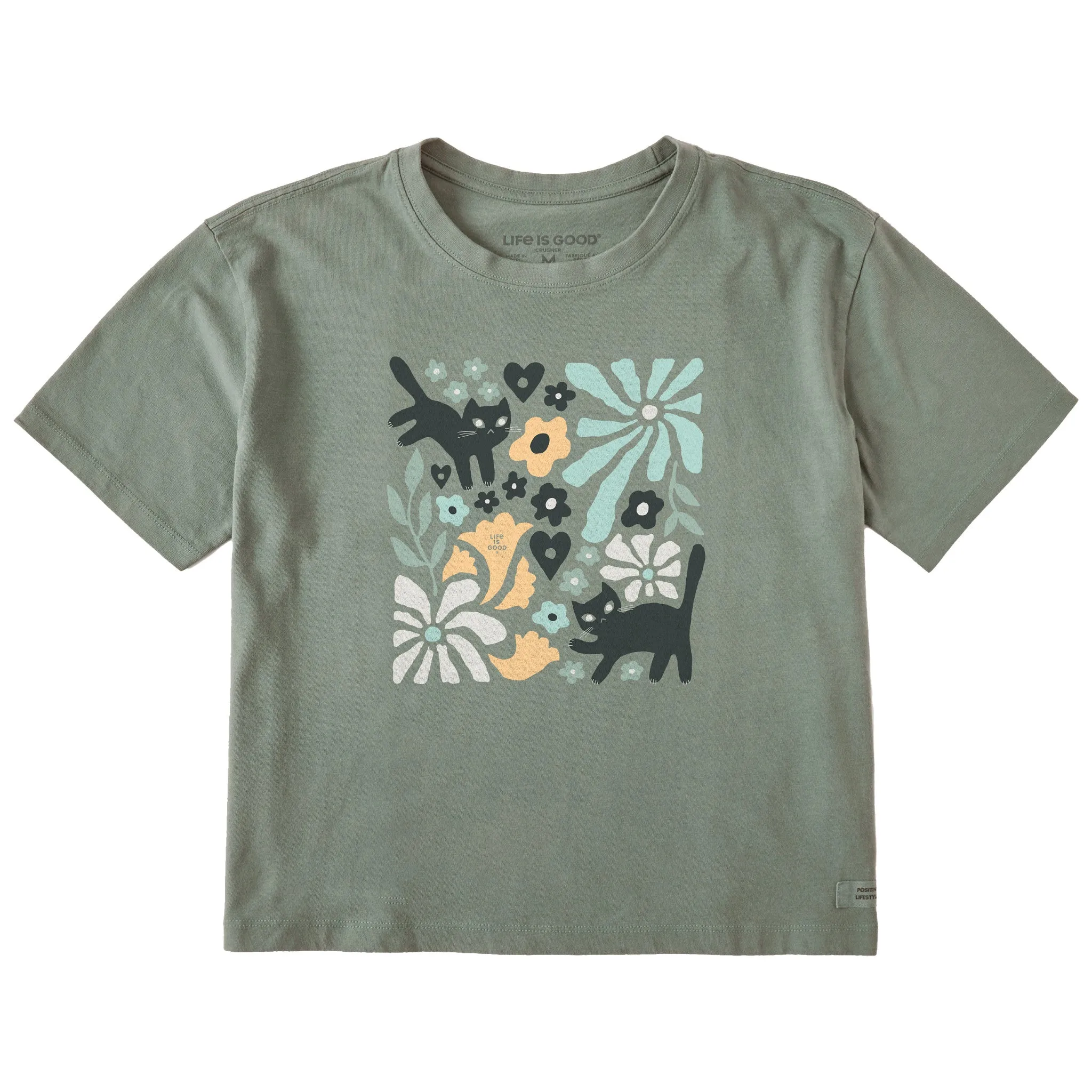 Women's Cats in Flower Field Short Sleeve Crusher Boxy Tee Life is Good