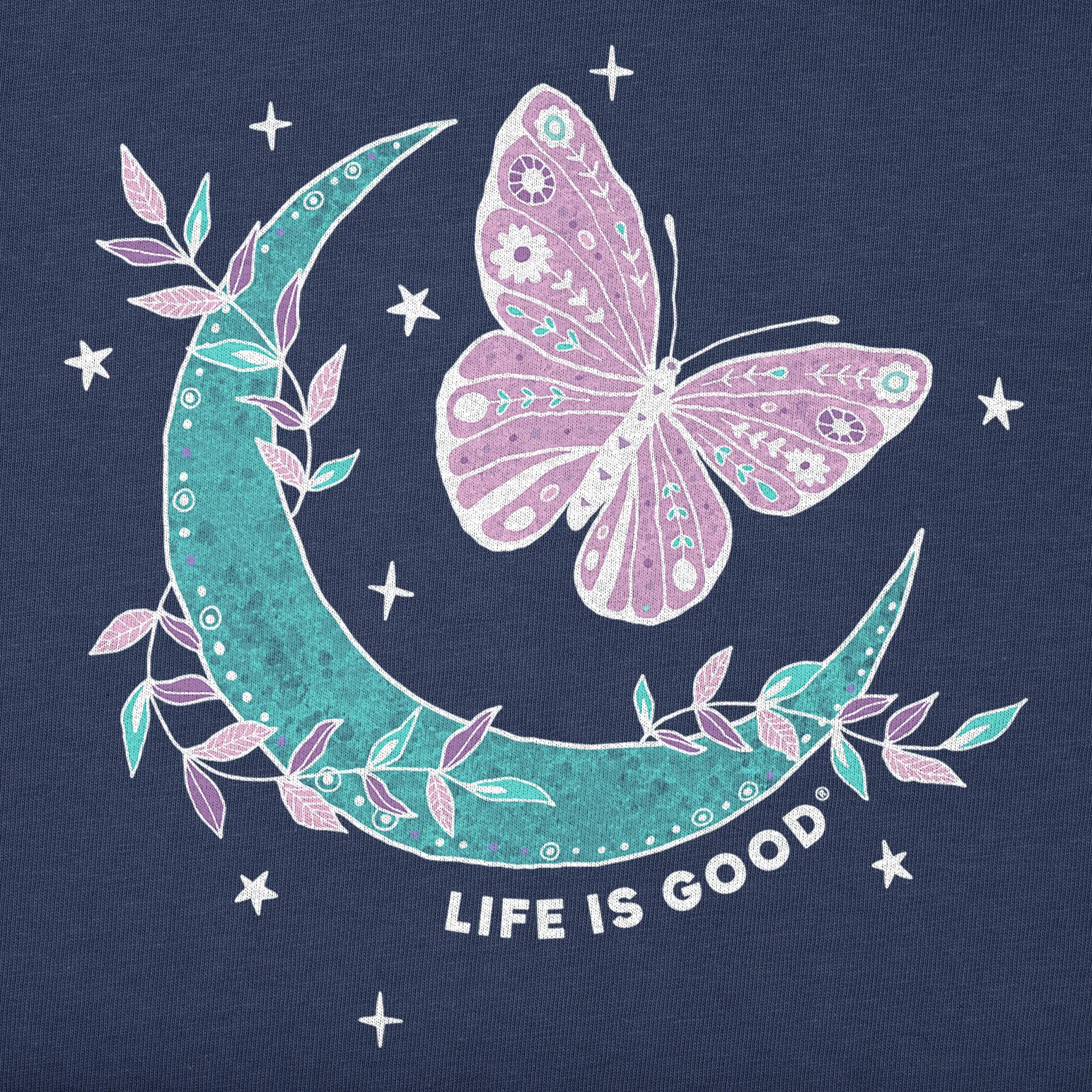 Women's Celestial Butterfly Moon Short Sleeve Crusher Vee Life is Good