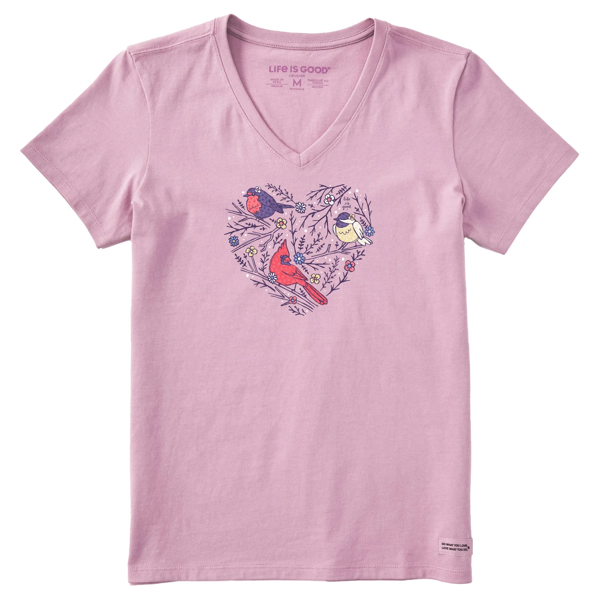 Women's Cute Winter Bird Heart Short Sleeve Crusher Vee Life is Good