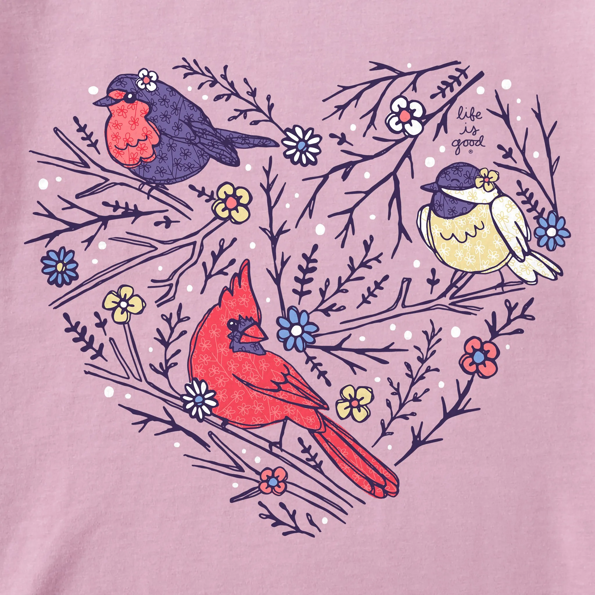Women's Cute Winter Bird Heart Short Sleeve Crusher Vee Life is Good