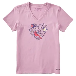 Women's Cute Winter Bird Heart Short Sleeve Crusher Vee Life is Good