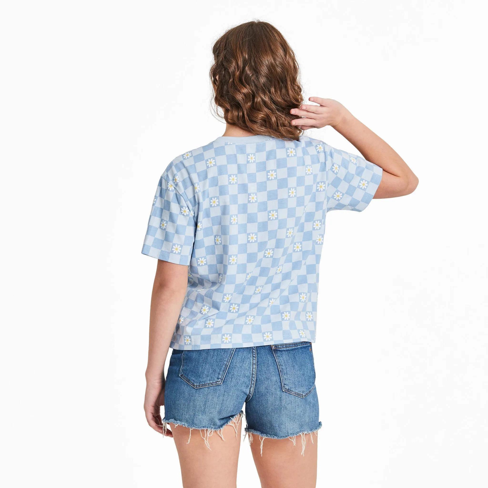 Women's Daisy Checkerboard Pattern Short Sleeve Crusher Boxy Tee Life is Good