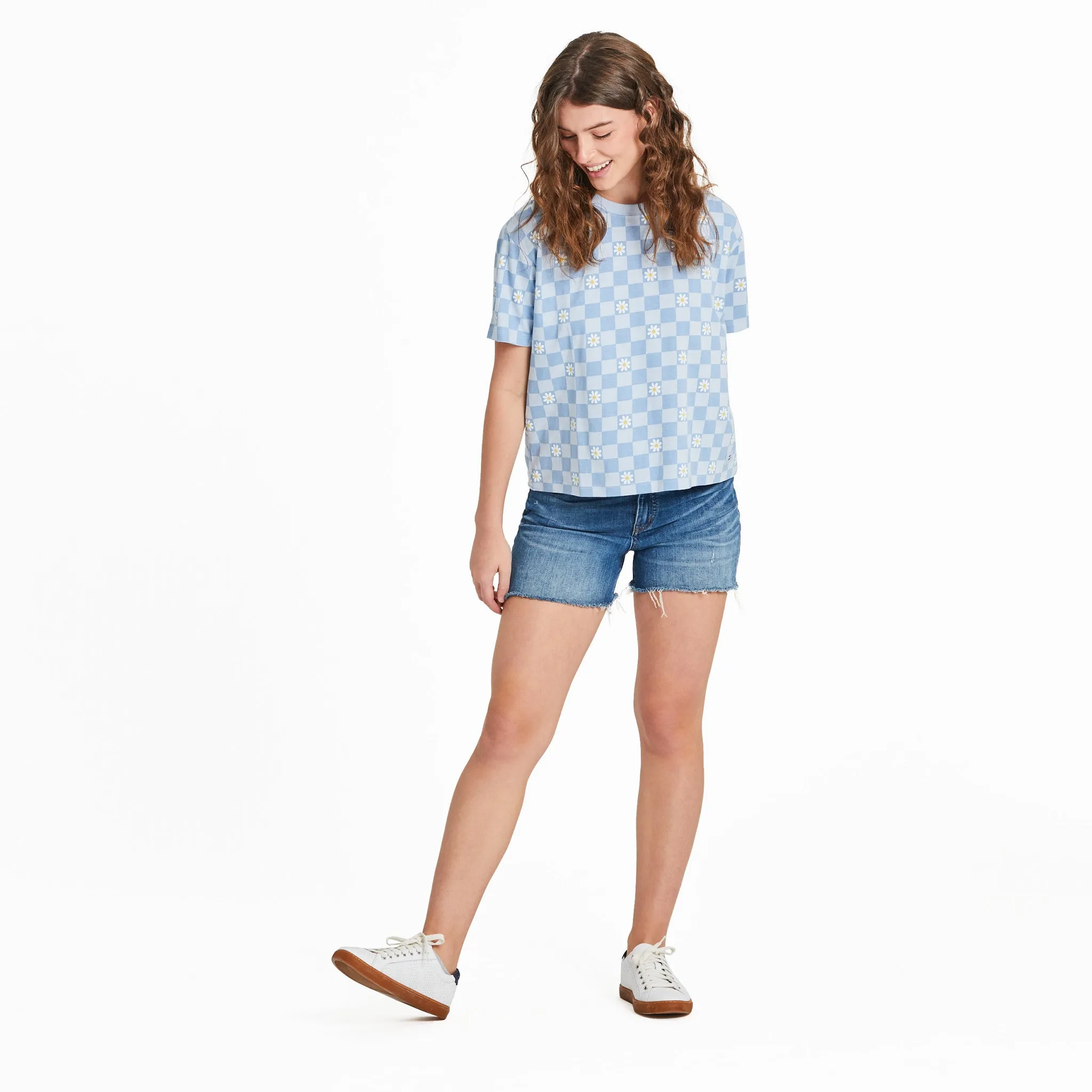 Women's Daisy Checkerboard Pattern Short Sleeve Crusher Boxy Tee Life is Good