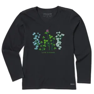 Women's Detailed Clovers and Wildflowers Long Sleeve Crusher Vee Life is Good