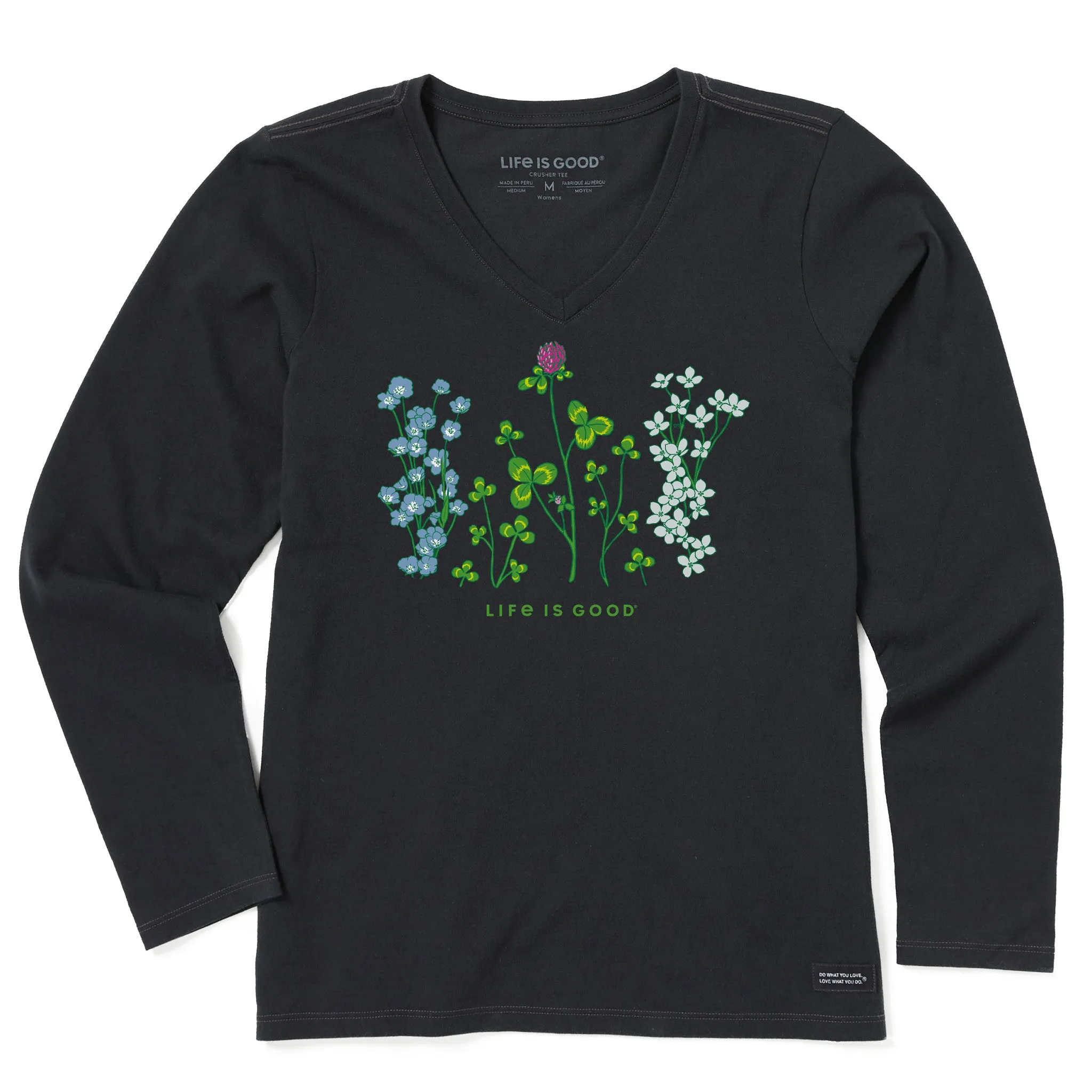 Women's Detailed Clovers and Wildflowers Long Sleeve Crusher Vee Life is Good