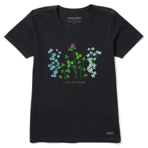 Women's Detailed Clovers and Wildflowers Short Sleeve Vee Life is Good