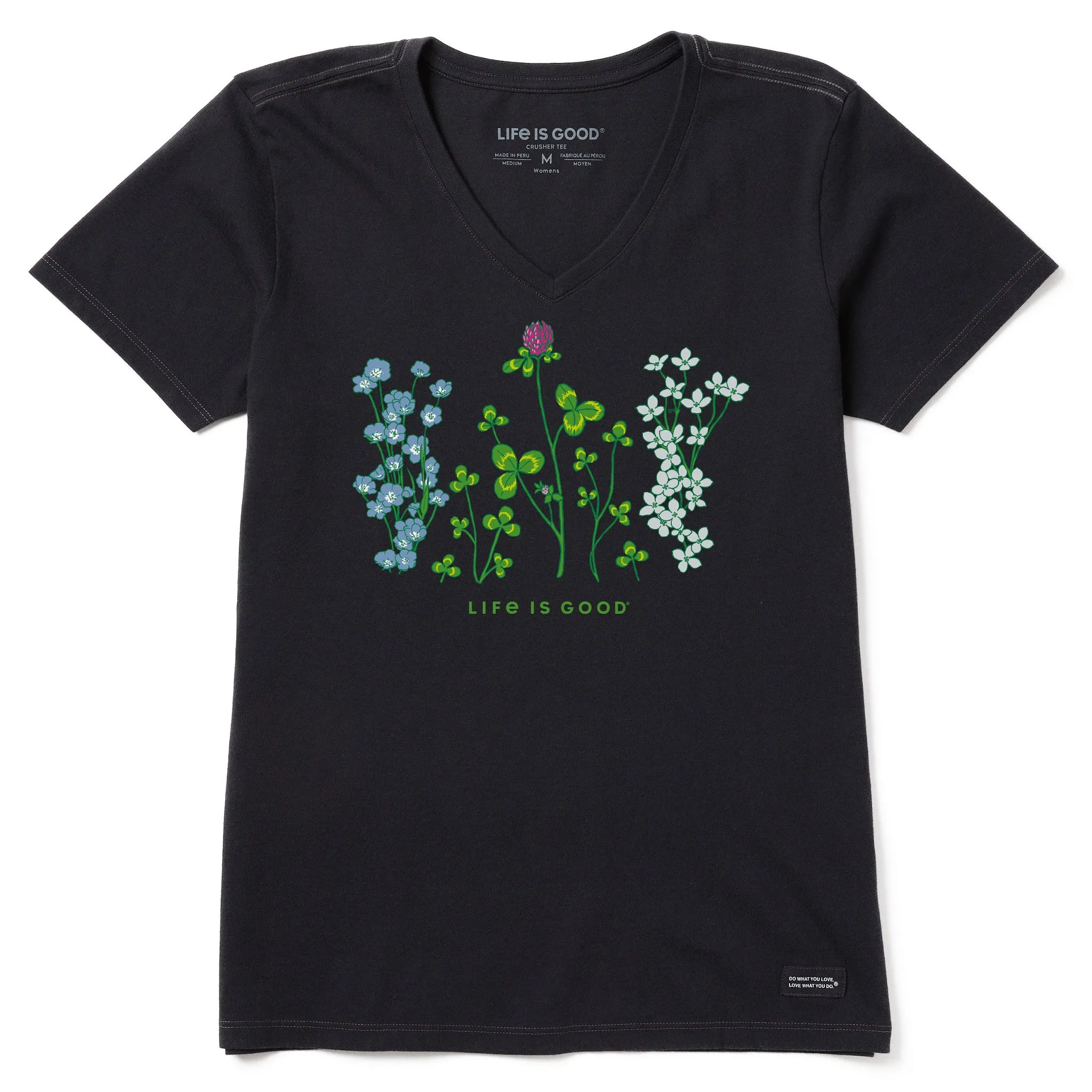 Women's Detailed Clovers and Wildflowers Short Sleeve Vee Life is Good