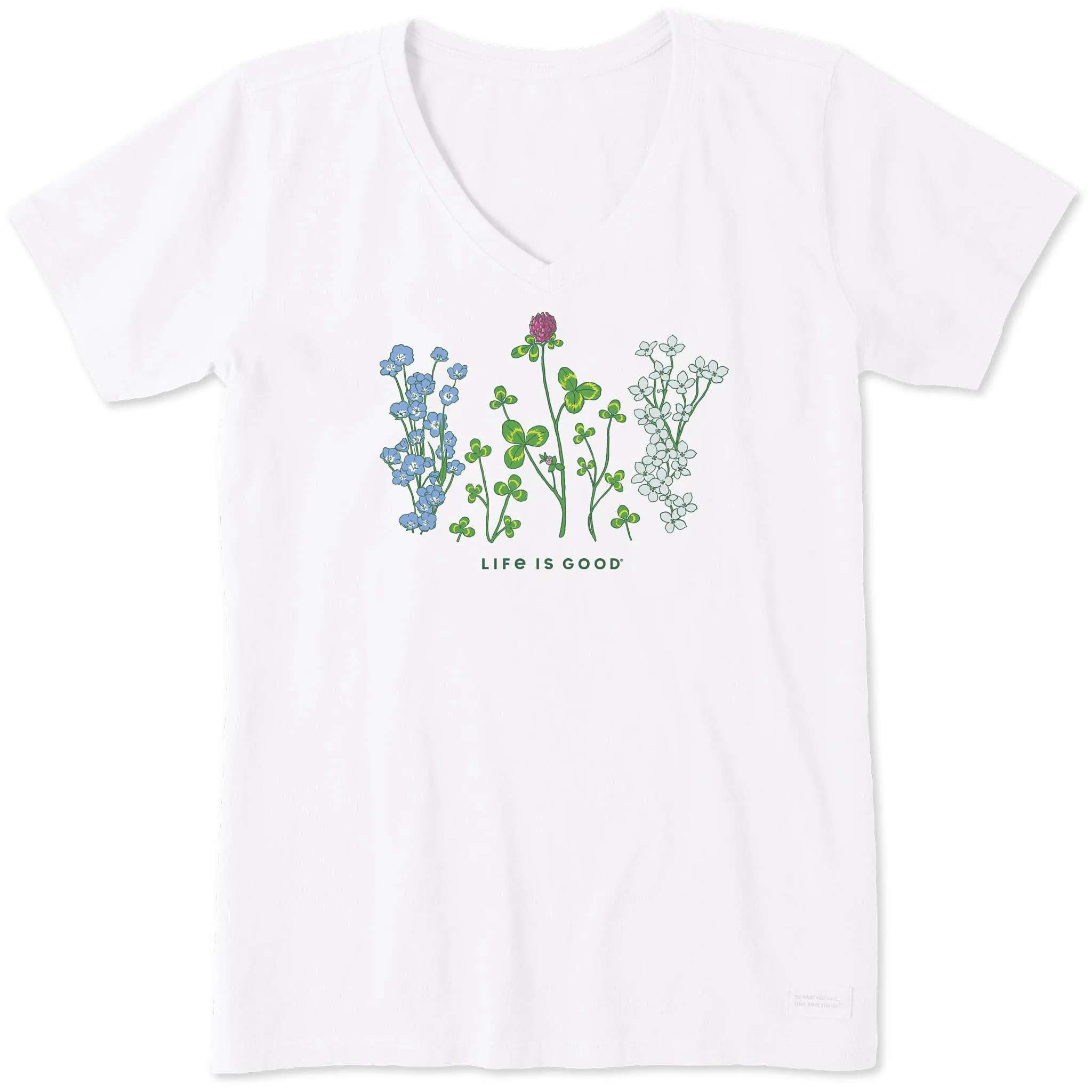 Women's Detailed Clovers and Wildflowers Short Sleeve Vee Life is Good