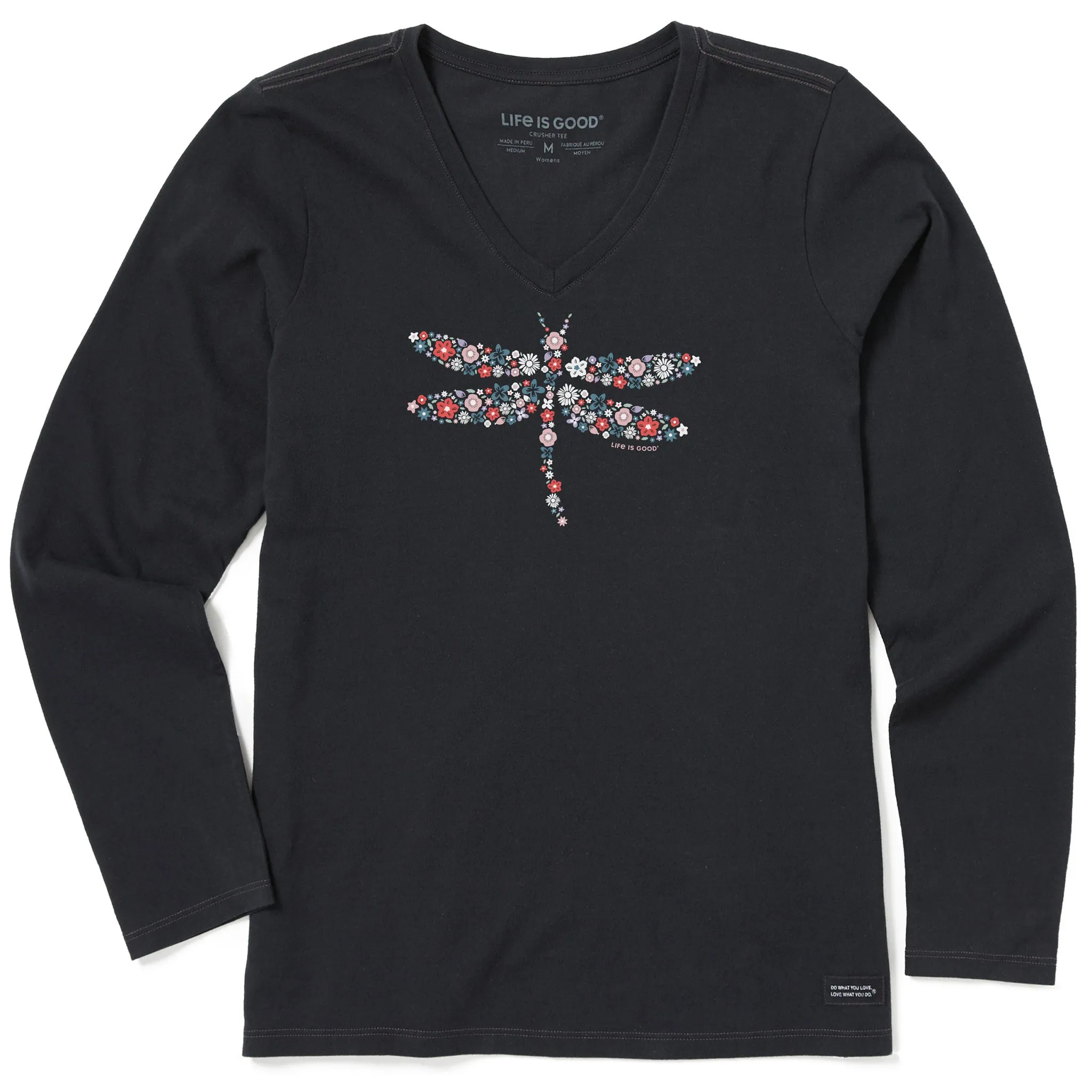 Women's Dragonfly Flowers Long Sleeve Crusher Vee Life is Good