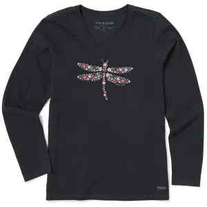 Women's Dragonfly Flowers Long Sleeve Crusher Vee Life is Good