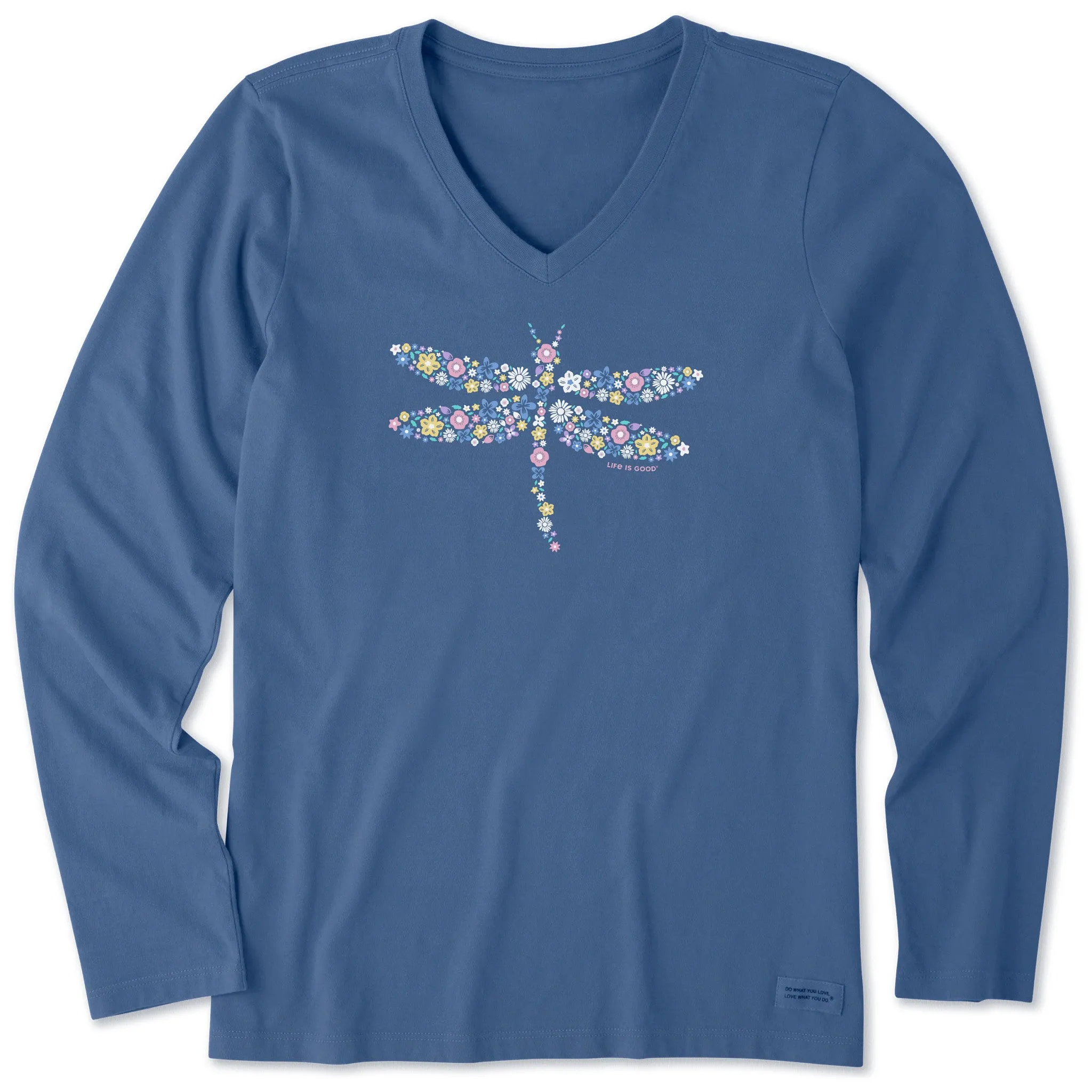 Women's Dragonfly Flowers Long Sleeve Crusher Vee Life is Good