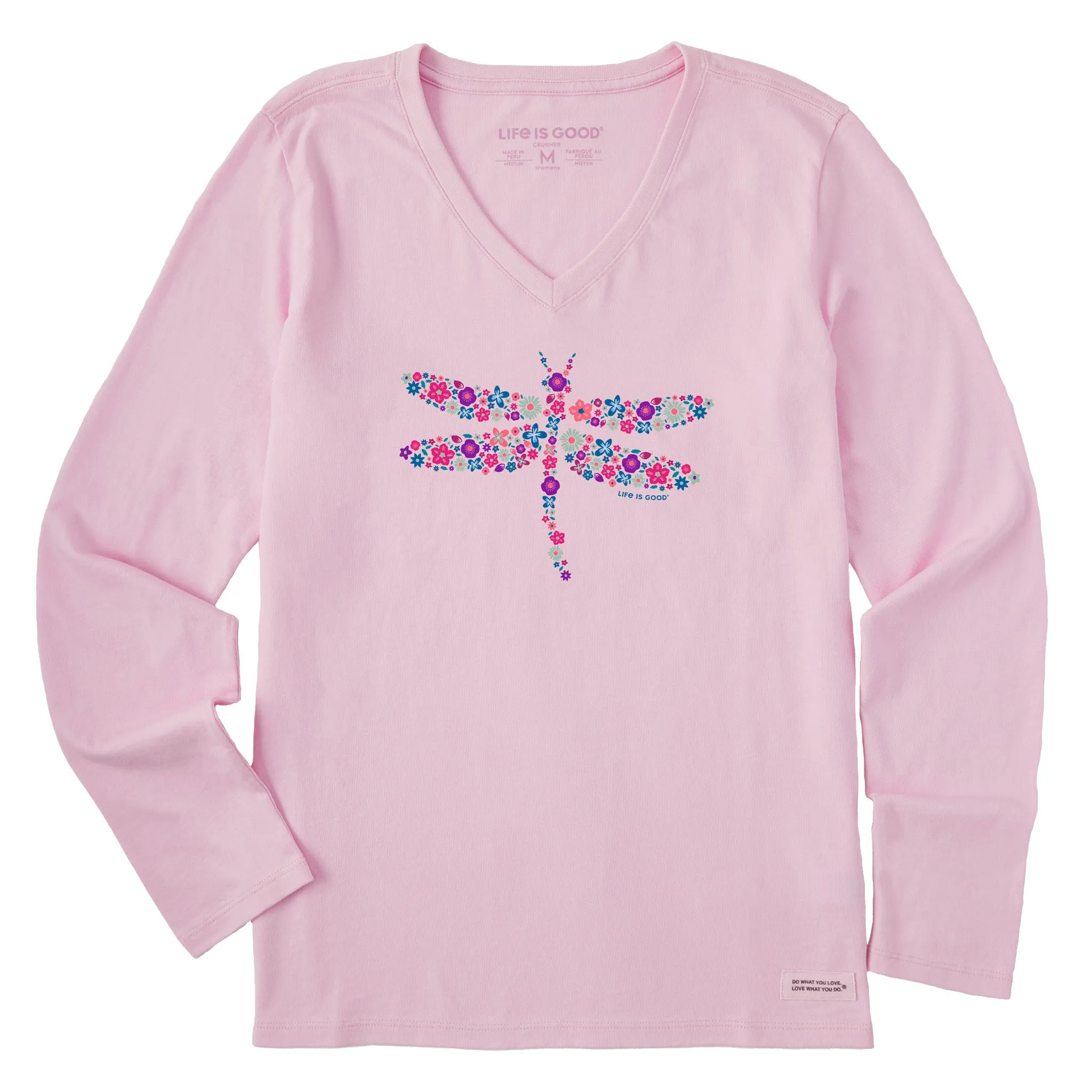 Women's Dragonfly Flowers Long Sleeve Crusher Vee Life is Good