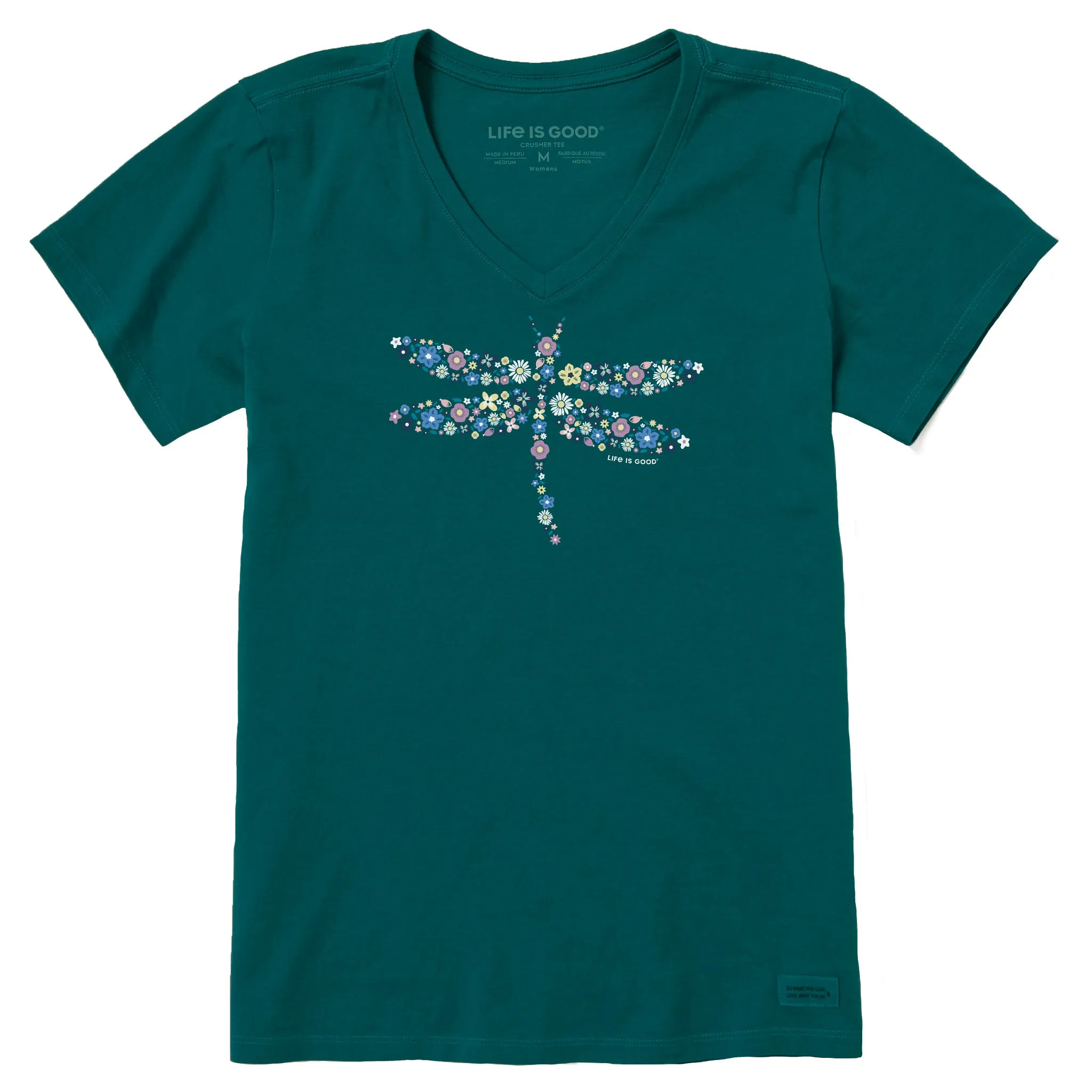 Women's Dragonfly Flowers Short Sleeve Vee Life is Good