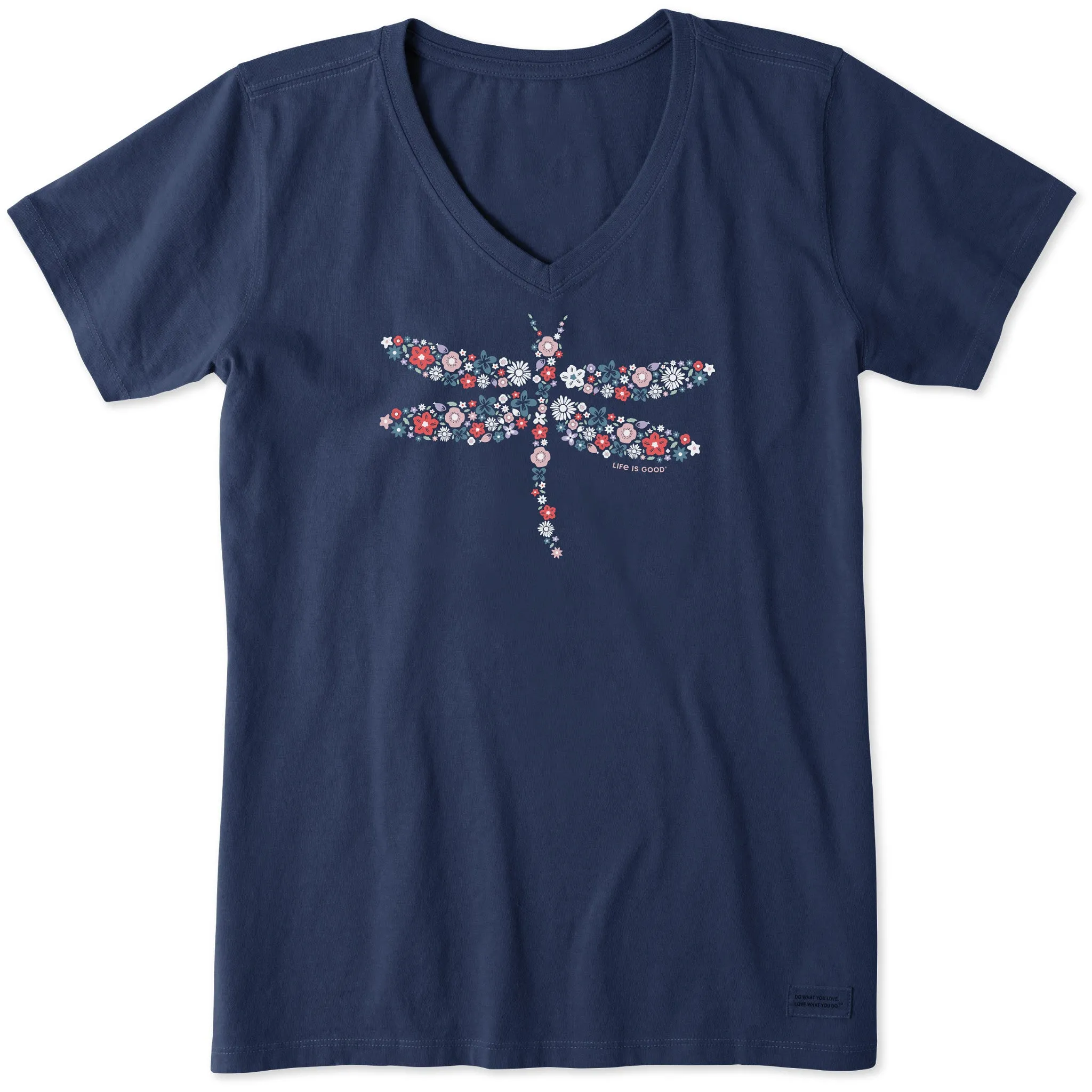 Women's Dragonfly Flowers Short Sleeve Vee Life is Good