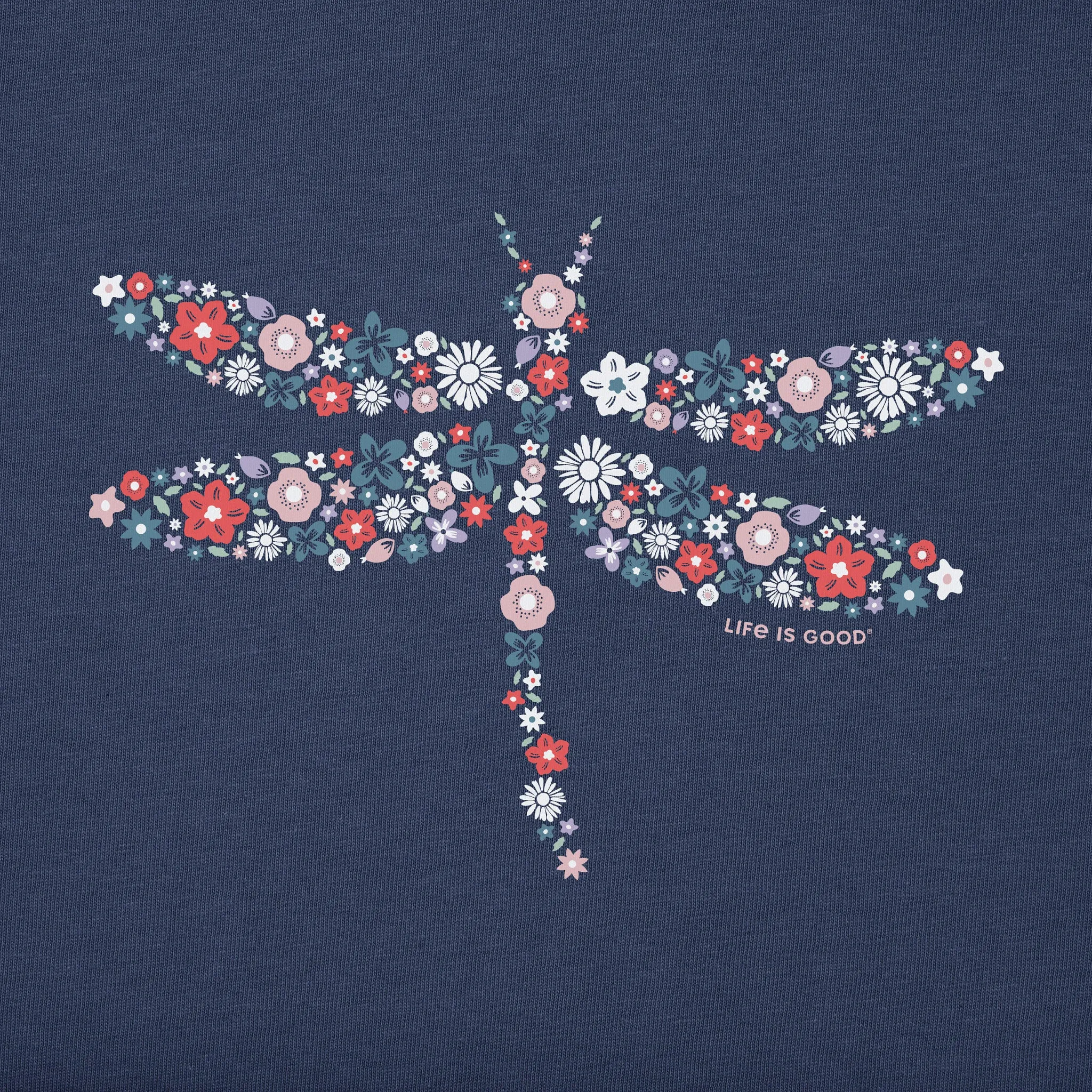 Women's Dragonfly Flowers Short Sleeve Vee Life is Good