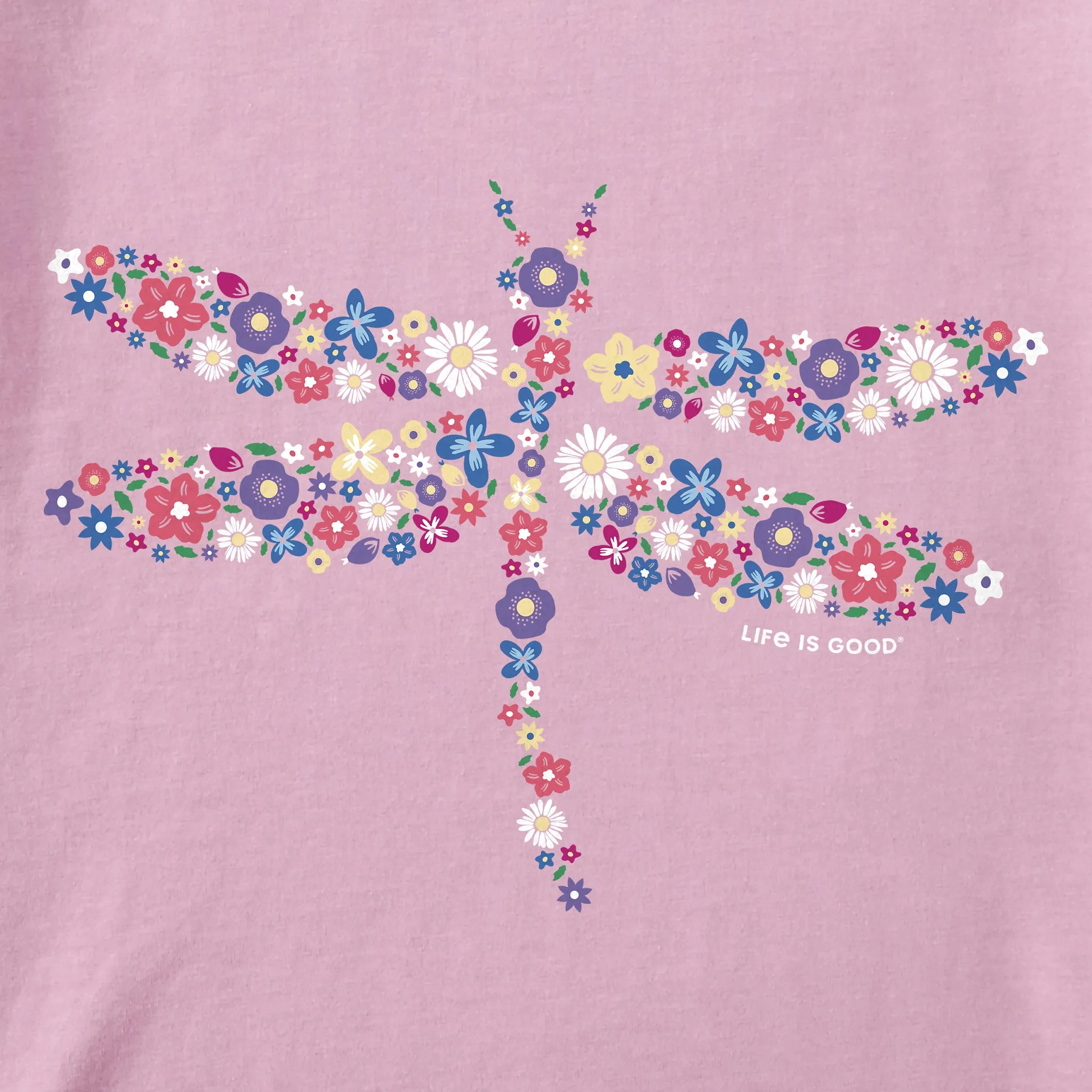 Women's Dragonfly Flowers Short Sleeve Vee Life is Good