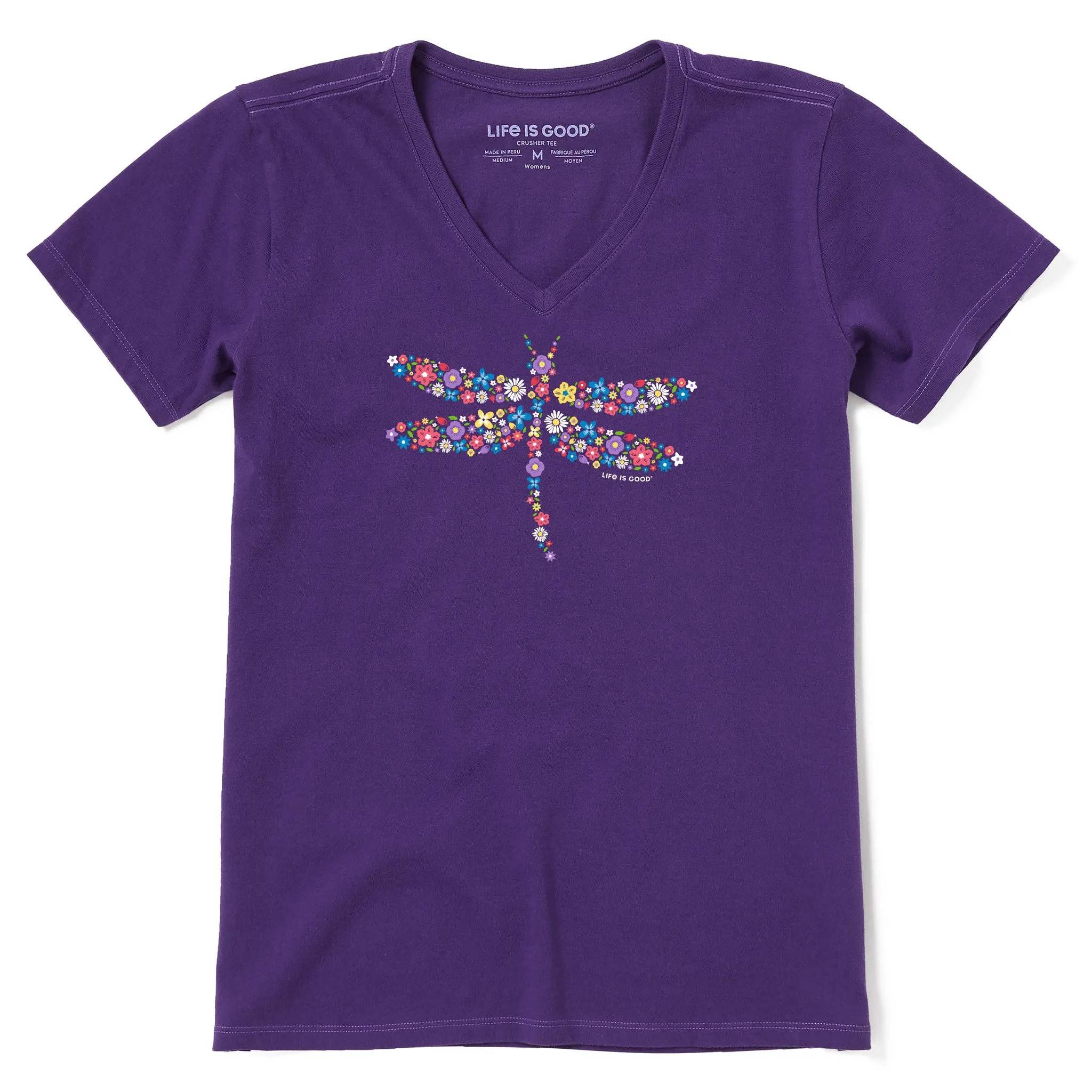 Women's Dragonfly Flowers Short Sleeve Vee Life is Good