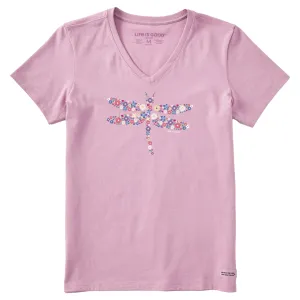 Women's Dragonfly Flowers Short Sleeve Vee Life is Good