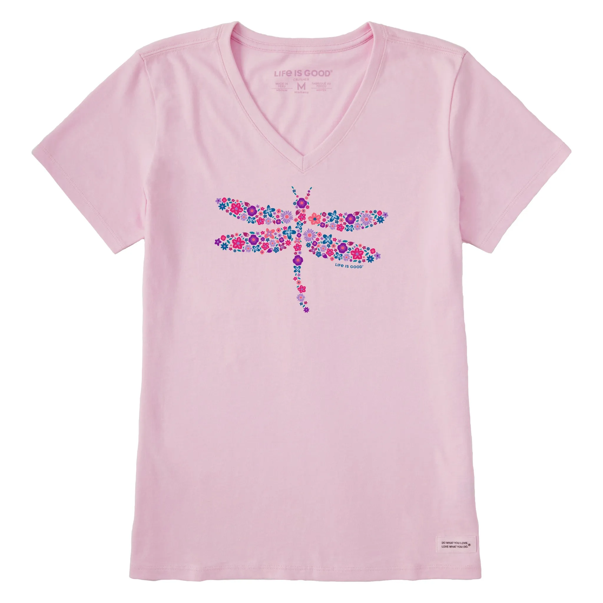 Women's Dragonfly Flowers Short Sleeve Vee Life is Good