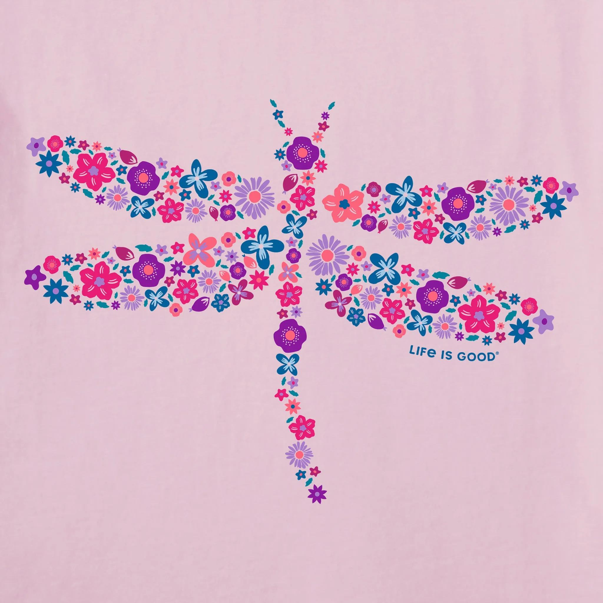 Women's Dragonfly Flowers Short Sleeve Vee Life is Good