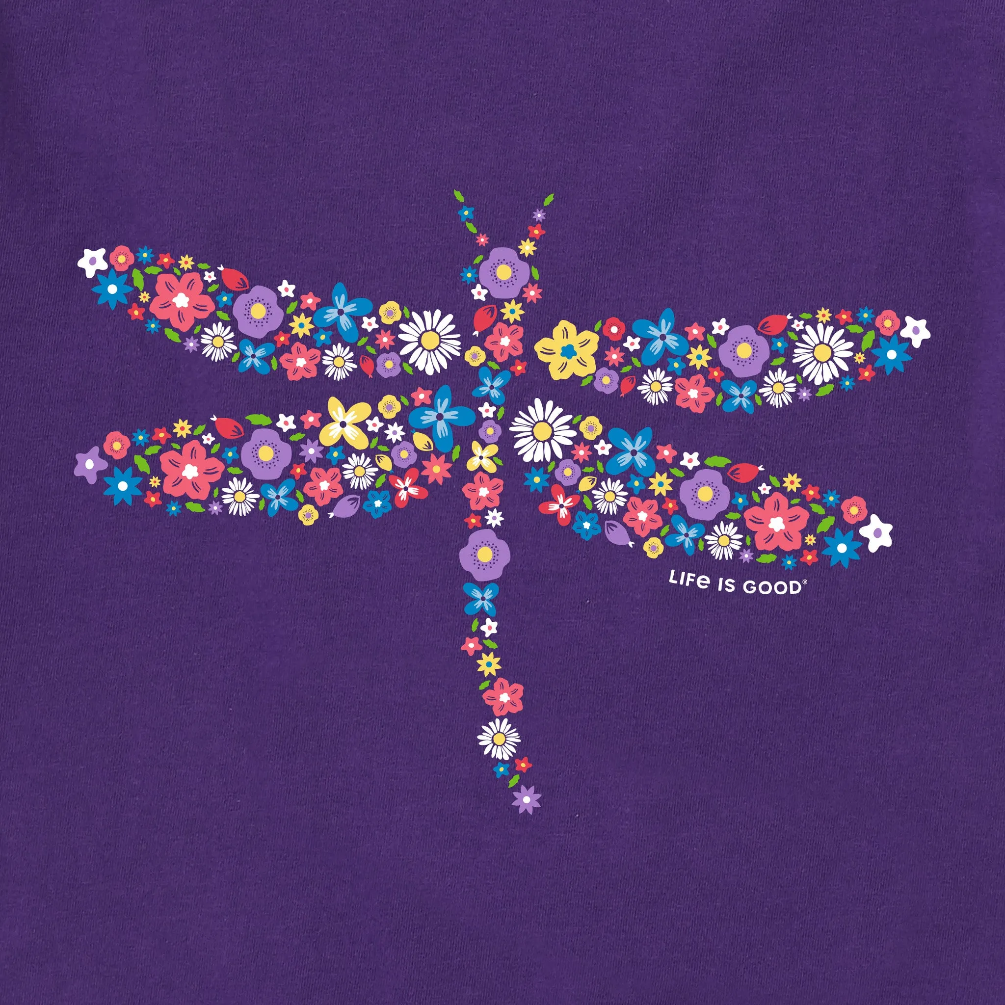 Women's Dragonfly Flowers Short Sleeve Vee Life is Good