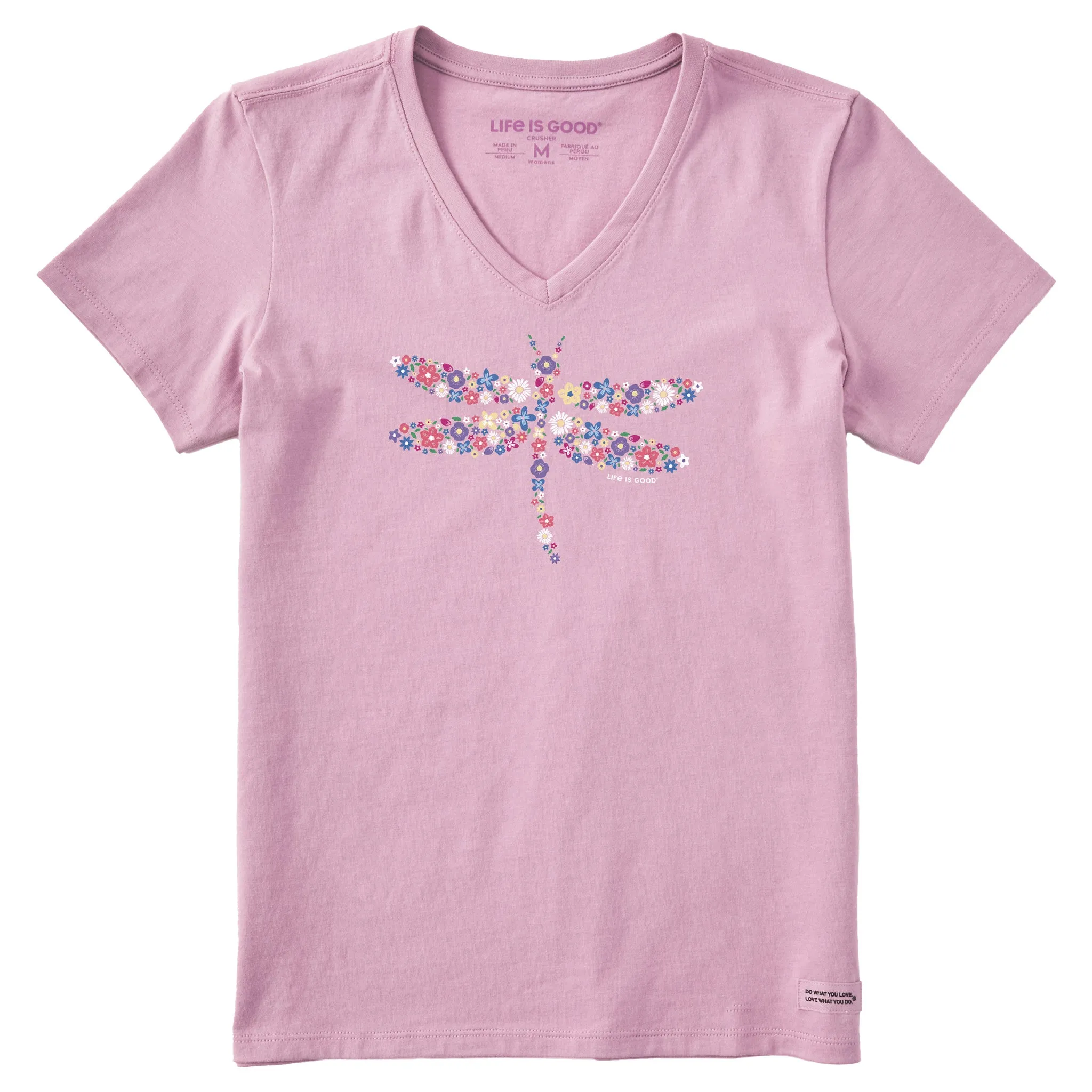 Women's Dragonfly Flowers Short Sleeve Vee Life is Good