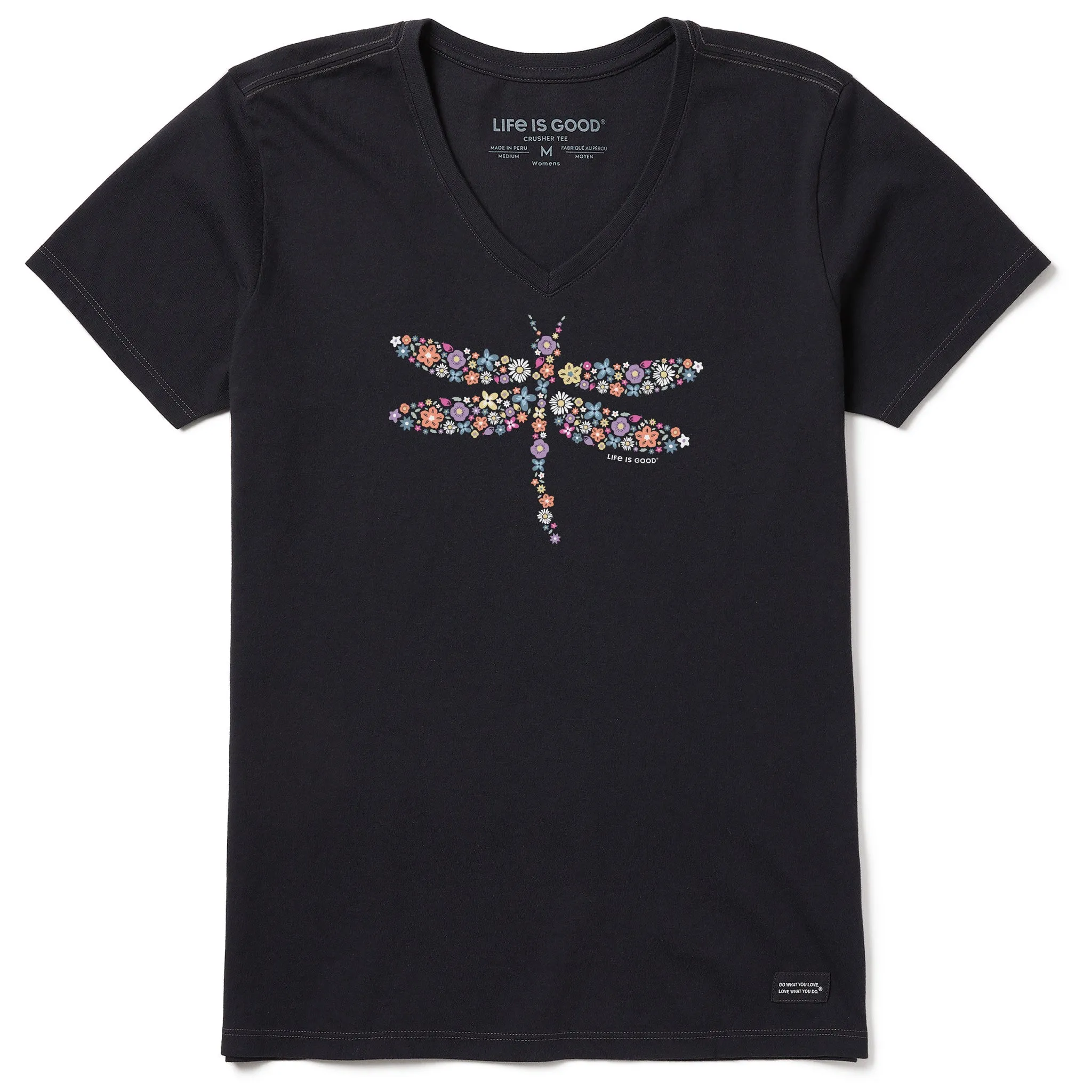 Women's Dragonfly Flowers Short Sleeve Vee Life is Good