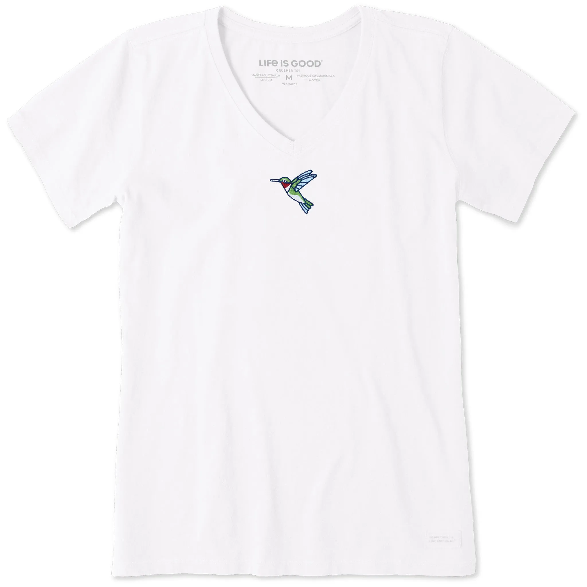 Women's Embroidered Hummingbird Short Sleeve Crusher Vee Life is Good