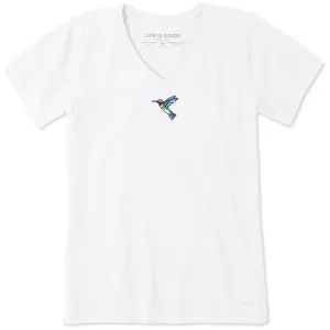 Women's Embroidered Hummingbird Short Sleeve Crusher Vee Life is Good
