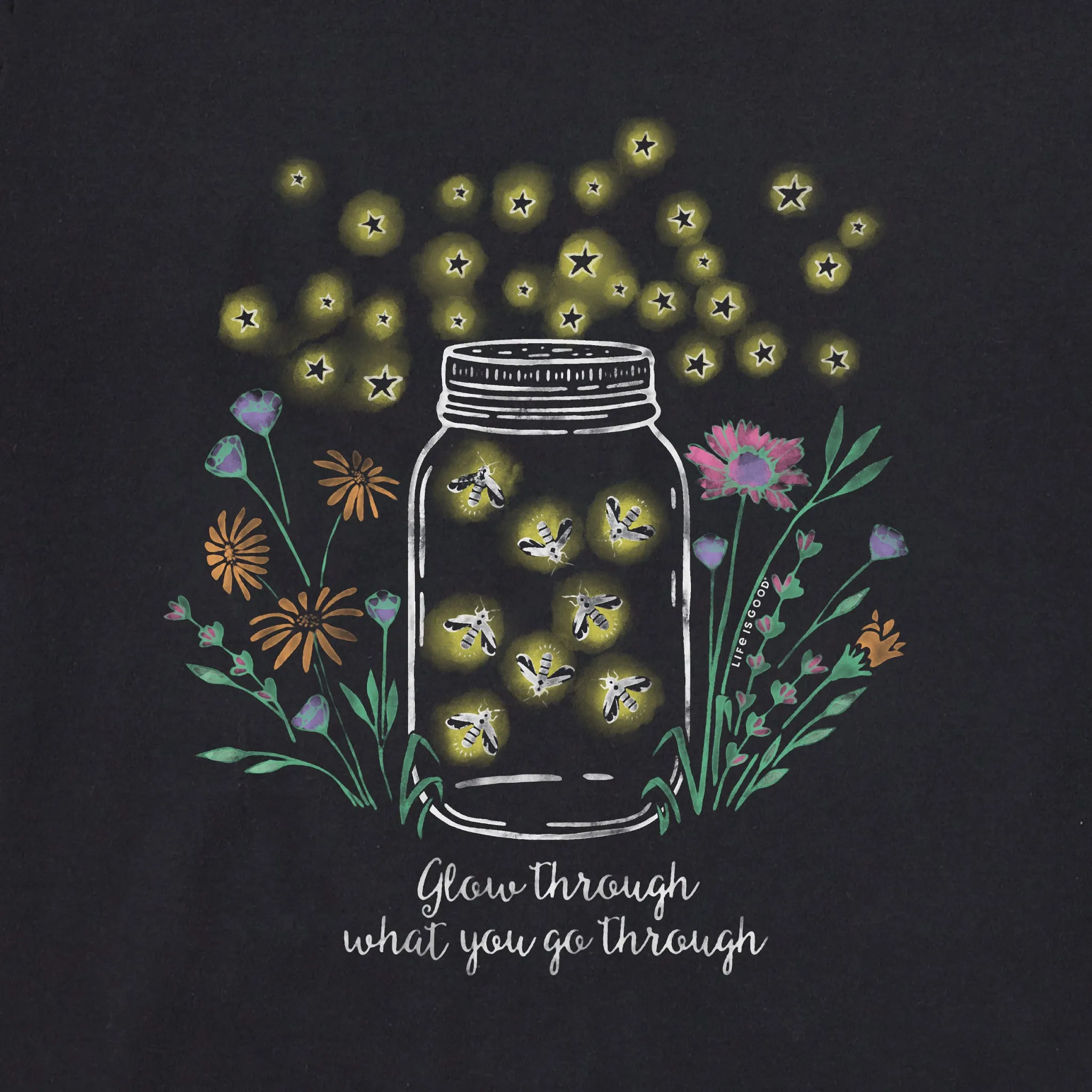 Women's Fireflies Flowers Jar Long Sleeve Crusher Tee Life is Good