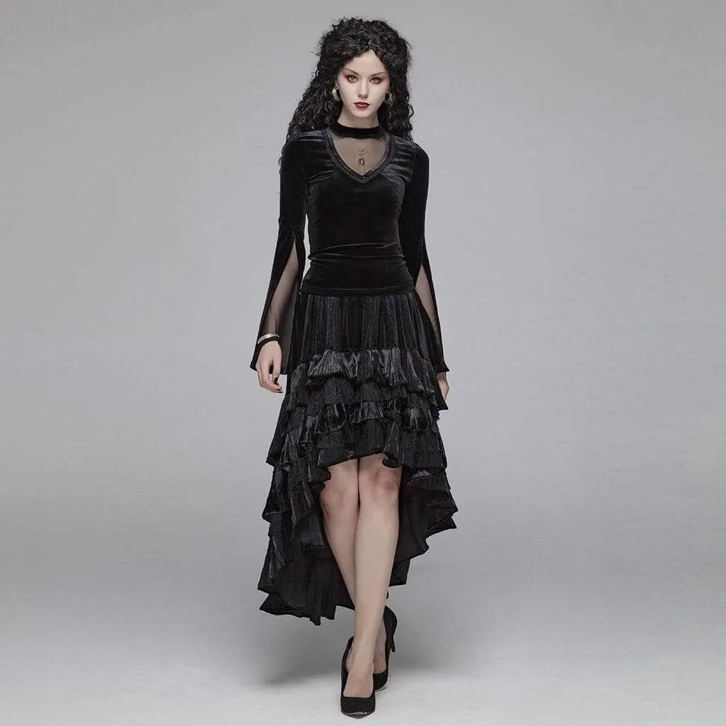 Women's Goth V-neck Velvet Tops With Slit Sleeves