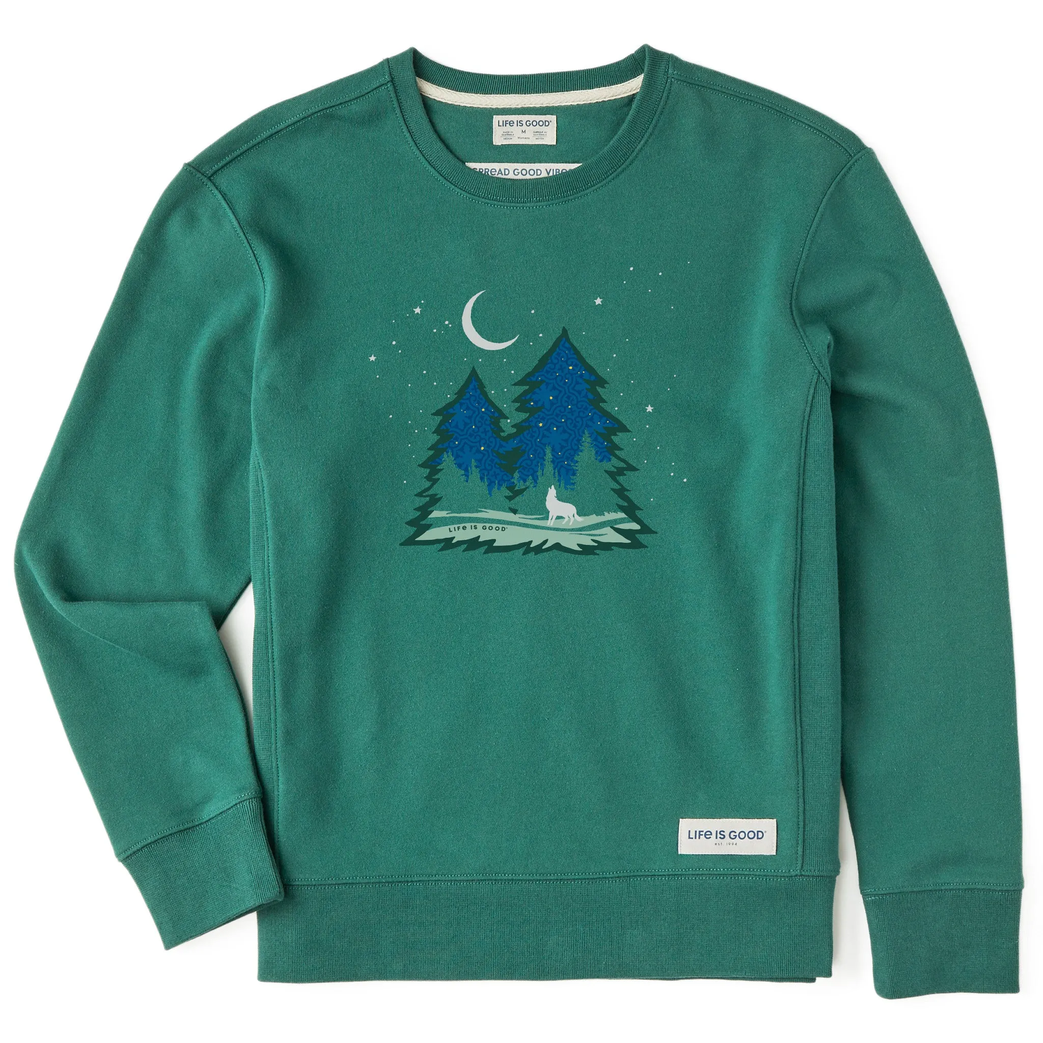 Women's Macro Evergreen Wolf Simply True Fleece Crew Life is Good