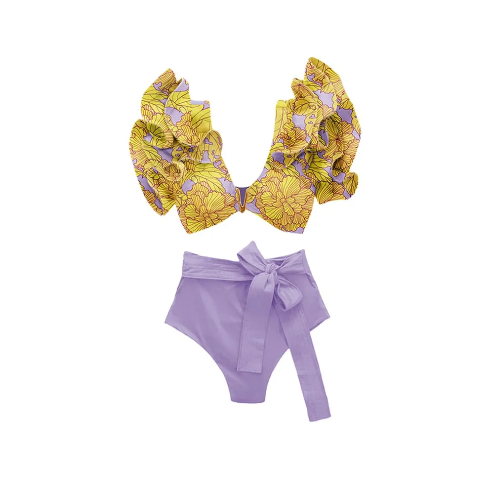 Yellow Purple Vintage Print Bikini Swimsuit Anna Kay Co
