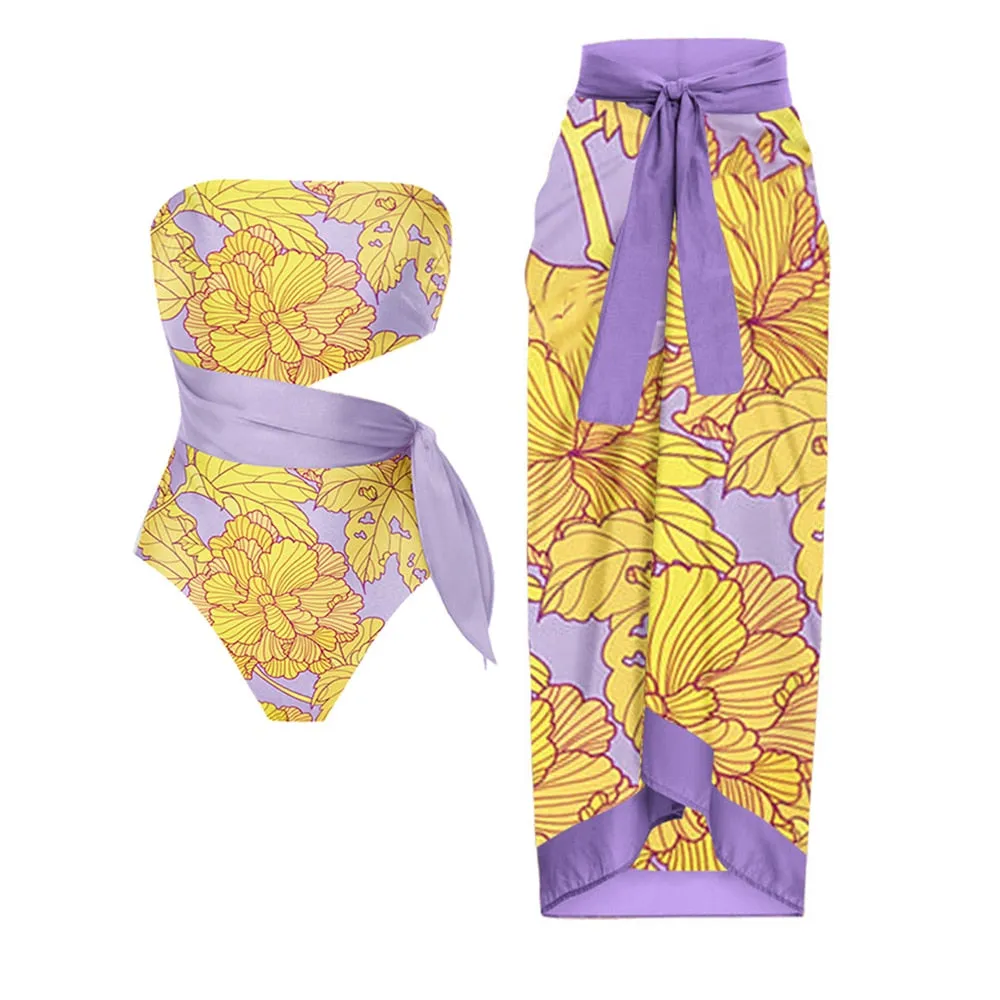 Yellow Purple Vintage Print Bikini Swimsuit Anna Kay Co