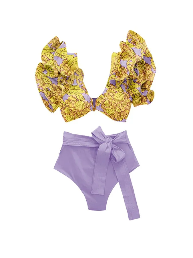 Yellow Purple Vintage Print Bikini Swimsuit Anna Kay Co